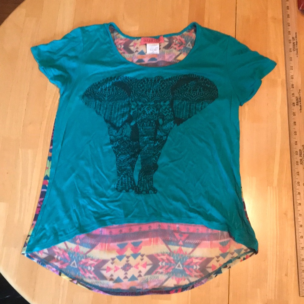 Teal Elephant T with Colorful Geometric Back